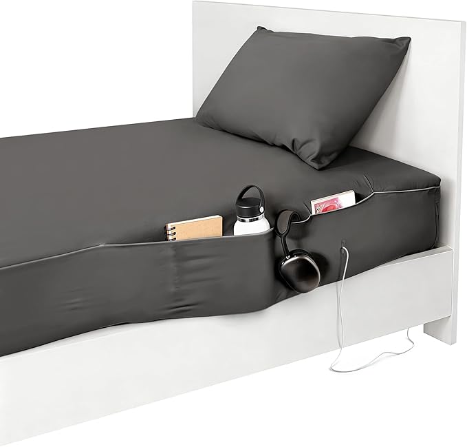 NEST and NOOKS Twin XL Fitted Sheet with Full-Length Storage Pocket | 400 Thread Count | College Dorm Bedding with Side Organizer Panel & Matching Pillowcase | Fits 39" x 80" x 13" Mattress | Charcoal