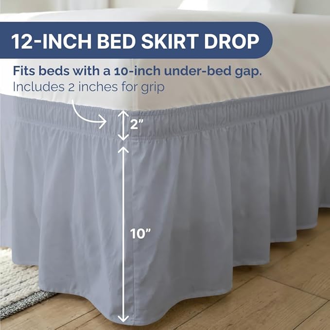 Wrap Around Dust Ruffle Bed Skirt - Steel Blue - for Full Size Beds w/ 12 Inch Drop - Easy Fit Elastic Strap - Adjustable Pleated Bedskirt w/Brushed Fabric - Wrinkle Free, Women, Men, Kids & Teens