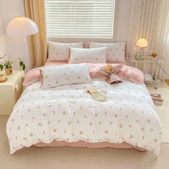 Nayoroom Pink Floral Duvet Cover Full Size Coquette Tulip Printed on White Reversible Comforter Cover 3Pcs Kids Girls Cottagecore Bedding Set with Zipper Closure Soft Breathable Microfiber