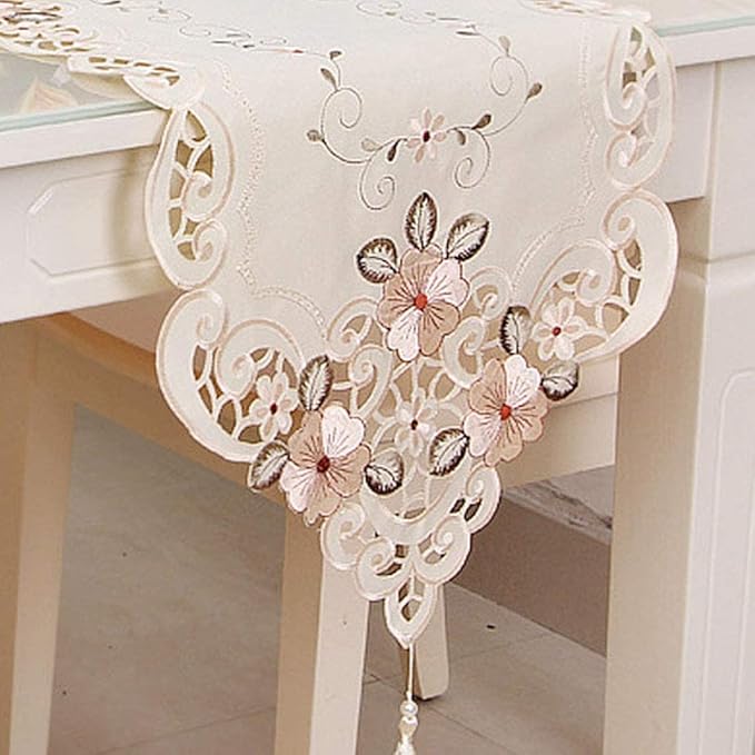 LeLehome 15 Inch X 69 Inch Classic Embroidered Lace Long Table Runner, Floral Washable Cabinet Dresser Scarf Home Party Kitchen Restaurant Decoration - Beige Flower