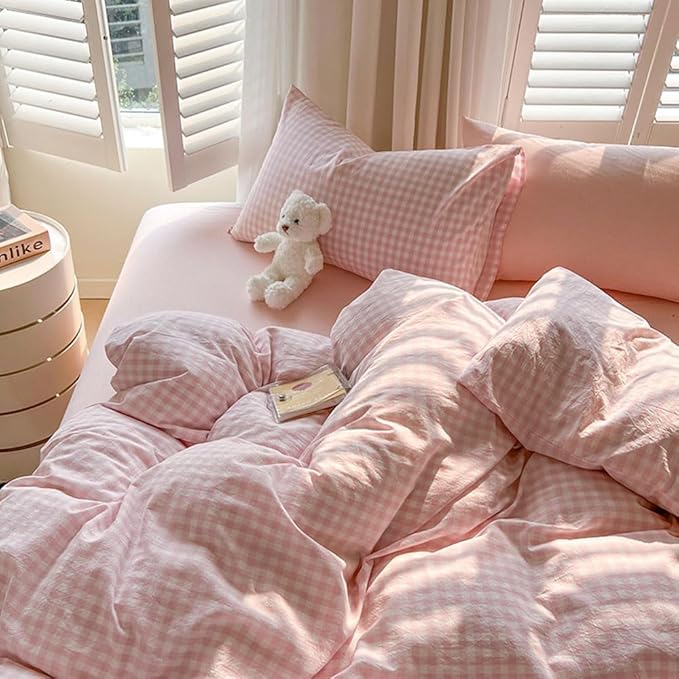 Nayoroom Gingham Duvet Cover Queen Size Pink White Plaid Checkered Comforter Cover 3 Pcs Soft Breathable Washed Microfiber Grid Farmhouse Bedding Set with Pillow Shams