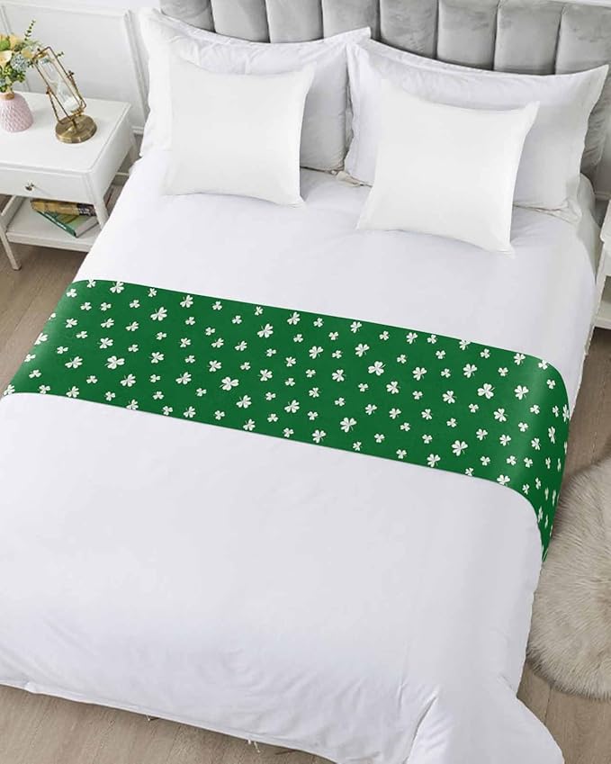 St Patrick's Day Lucky Leaves Bed Runners for Bedroom Hotel,Decorative Bedding Scarf White Shamrock on Green Bed End Blanket Bedding Runner Scarves for King Size Bed,102x20in