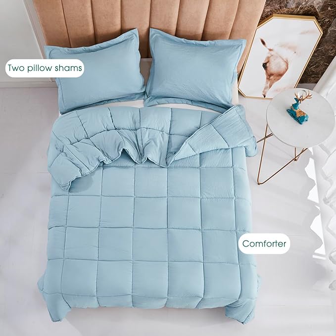 HIG Pre Washed Down Alternative Comforter Set Twin - Reversible Chic Quilt Design - Box Stitched with 4 Corner Tabs - Lightweight for All Season - Blue Duvet Comforter with 2 Pillow Shams