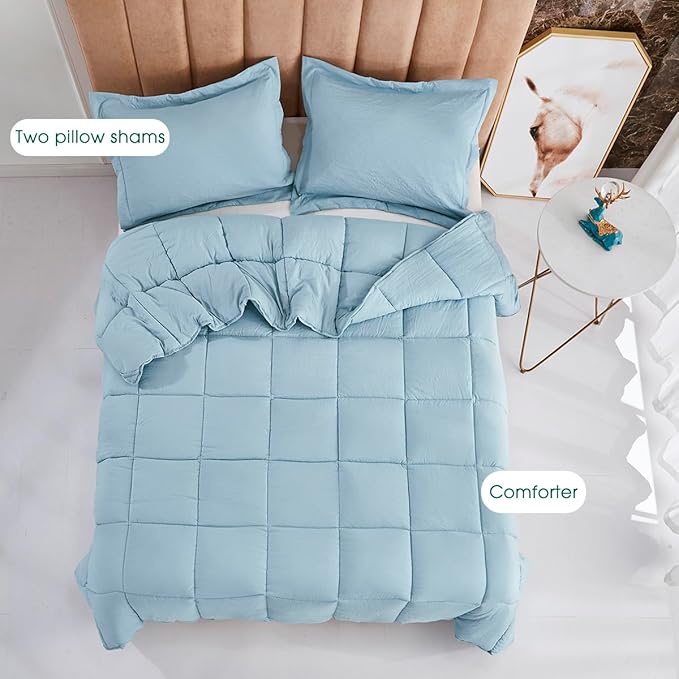 HIG Pre Washed Down Alternative Comforter Set Queen - Reversible Chic Quilt Design - Box Stitched with 4 Corner Tabs - Lightweight for All Season - Blue Duvet Comforter with 2 Pillow Shams