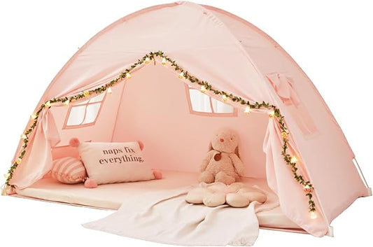 Akiky Bed Tent Bed Canopy Twin Size with Bottom,Kids Tent Indoor Floor Bed with Mushroom Lights Portable Foldable Bunk Bed Curtains for Girls Boys(Pink,Twin)