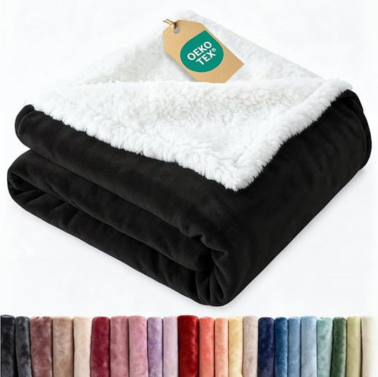 Sherpa Fleece Blanket Throw Size - Reversible Sherpa Fleece Throw Blanket - Super Soft Double Sided for Bed, Sofa, Couch - Thick, Warm, and Plush - Luxurious Bedding for Winter - Black, 50" x 60"