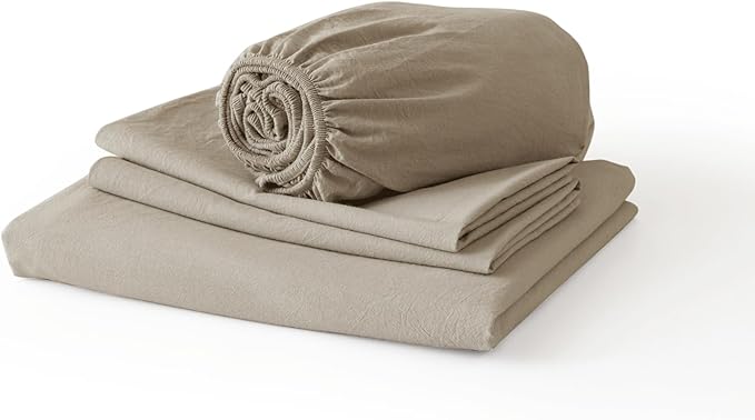 JIYUAN 100% Washed Cotton Sheet Set 4 Pieces Queen,1 Fitted Sheet,1 Flat Sheet and 2 Pillowcases,Comfy and Breathable Linen Like Bedding Set,Khaki