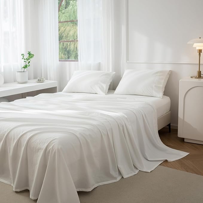 JIYUAN 100% Washed Cotton Sheet Set 4 Pieces King,1 Fitted Sheet,1 Flat Sheet and 2 Pillowcases,Comfy and Breathable Linen Like Bedding Set,Bright White
