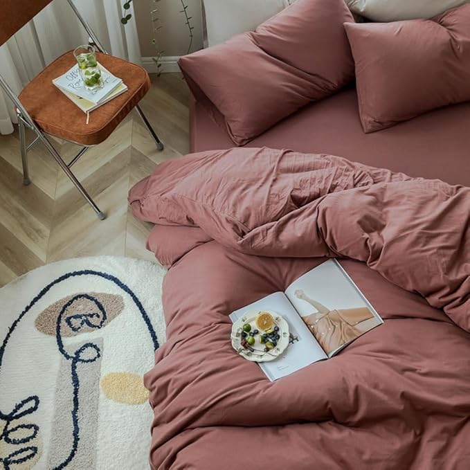 LifeTB Brick Red Duvet Cover Twin XL Size Soft Jersey Knit Cotton Bedding Set Minimalist Clay Rust Red Comforter Cover 3 Pieces Solid Color Bedding Knitted Cotton Duvet Cover with 2 Pillowcases