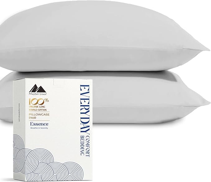 Mayfair Linen 100% Organic Cotton King Size Pillow Cases Set of 2 - Ultra Soft Hotel Quality King Pillow Covers, Authentic GOTS Certified, Crisp, Cooling Percale Weave Cotton Pillowcases - Light Grey