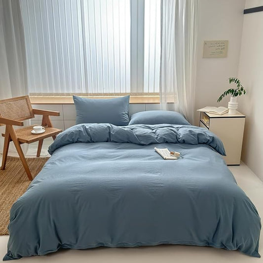 FACE TWO FACE Bedding Duvet Cover Set100% Washed Cotton Duvet Cover Linen Like Textured Breathable Durable Soft Comfy (Queen, Deep Gray Blue)