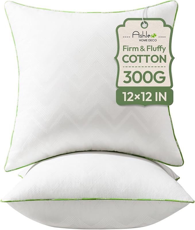Ashler 12x12 Pillows Insert (Set of 2) - Throw Pillow Inserts with 100% Cotton Cover - Premium Fluffy Pillow Forms Stuffing Bedding Inserts -Decorative White Couch Pillow