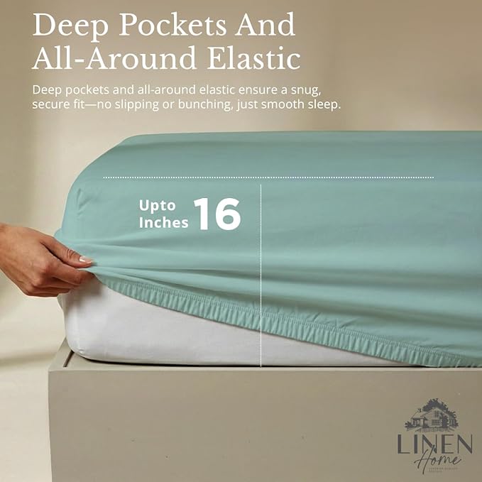 Linen Home 100% Cotton Percale Sheets Full Size, Aqua Blue, Deep Pocket, 4 Pieces Set - 1 Flat, 1 Deep Pocket Fitted Sheet and 2 Pillowcases, Crisp Cool and Strong Bed Linen