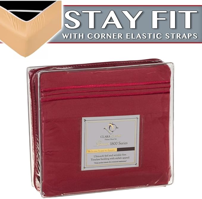 Clara Clark 1800 Series Bed Sheet Sets - Stay fit on Mattress with Elastic Straps at Corners - Twin (Single), Burgundy Red (75”x39” Fits XL)