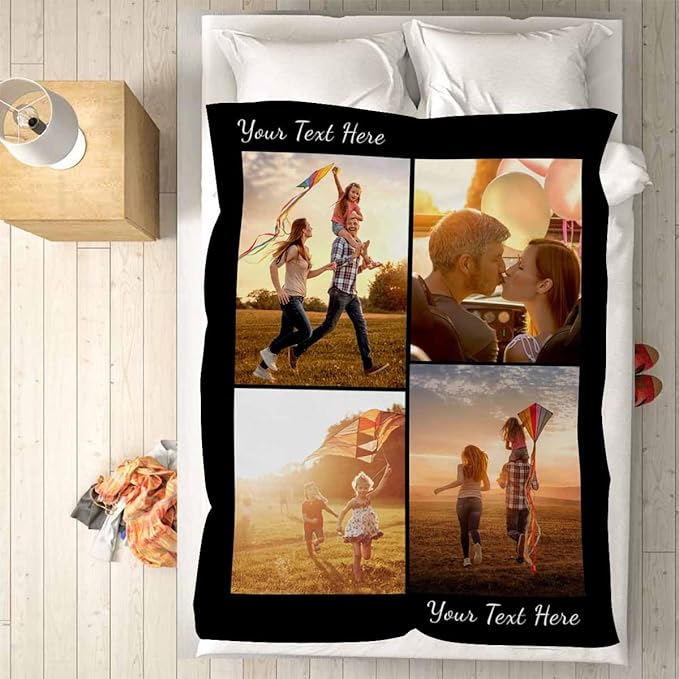 Personalized Photo Blanket, 4 Photos Custom Blankets Photo Blankets Customize for Mom Grandma Wife Women from Daughter Son Husband, 8 Sizes