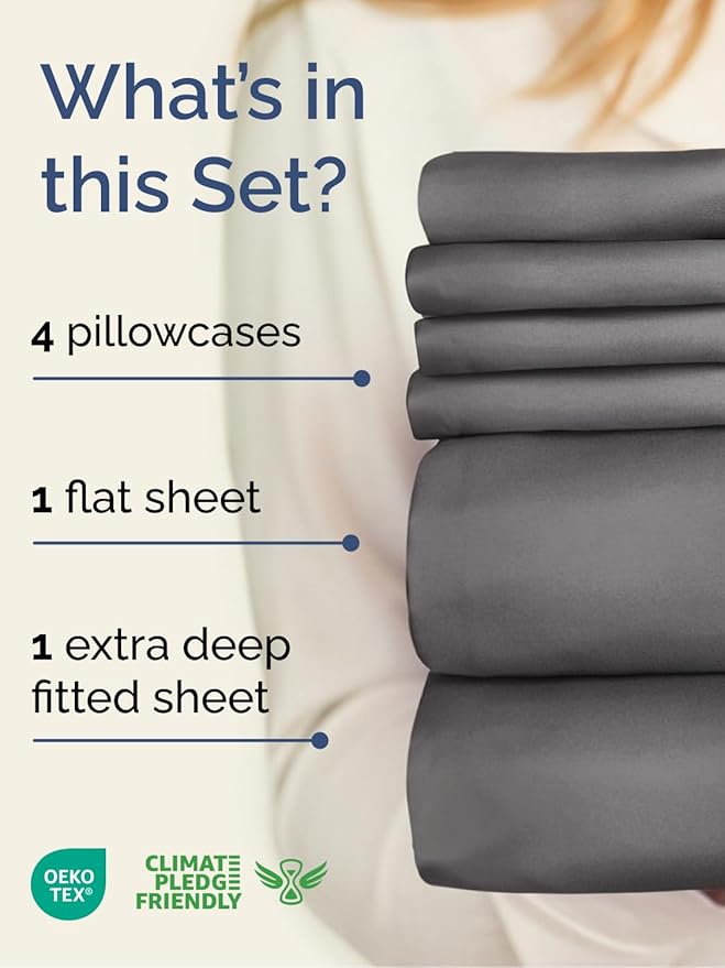 Extra Deep King Sheet Set - 6 Piece Breathable and Cooling Sheets - Hotel Luxury Bedding for Women, Men, Kids & Teens - Easy & Secure Fit - Soft, Wrinkle Free and Comfy w/ Extra Deep Pockets - Grey