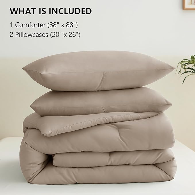 CozyLux Queen Comforter Set Khaki, 3 Pieces Solid Breathable Quilted Style Bedding Sets, Luxury Fluffy Soft Bed Set with Down Alternative Comforter for All Season (1 Comforter & 2 Pillowcases)
