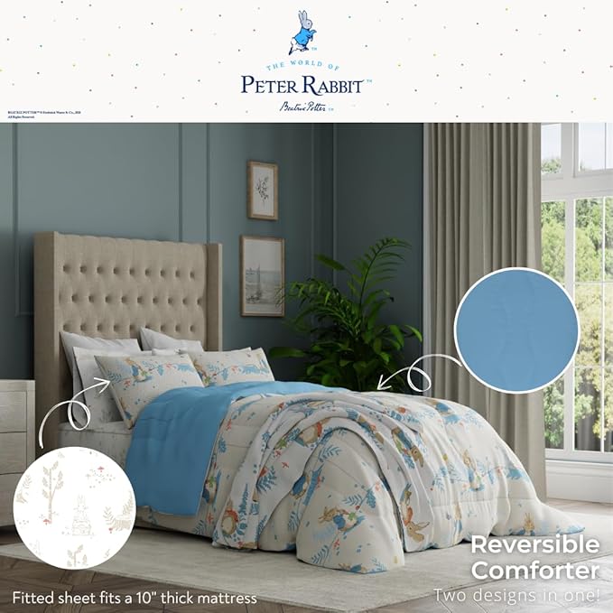 Franco Peter Rabbit Easter Kids Bedding Super Soft & Cozy Reversible Microfiber Comforter and Sheet Set with Sham, 5 Piece Twin Size, (Officially Licensed Product)