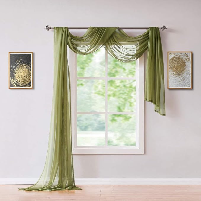 Long Length 56" (W) x 216" (L) Sage Green Sheer Window Scarf. Voile Window Treatments are Perfect As Valance Scarves, Canopy Bed Scarf Or Wedding Decoration. AMA 56" x 216" Sage