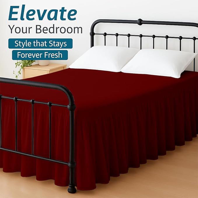 Shreem Linen Ruffled Bed Skirt with Split Corners, Gathered Style, 100% Microfiber, 12-Inch Drop, Dust Ruffle Bedskirt with Platform, Twin, Burgundy