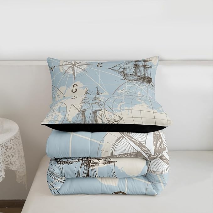 Erosebridal Nautical Comforter Set King, Vinatge Sailboat Bedding Set Room Decor, White Blue World Map Sketch Down Comforter, Retro Anchor Compass Quilt Set, Yacht Ship Bedding Comforter Sets, 3Pcs