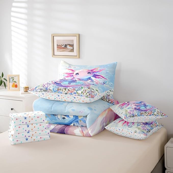 Feelyou Boys Girls Cute Axolotl Comforter Set with Sheets King Size, Ocean Sealife 7 Pieces Bedding Sets Kids Kawaii Bed in A Bag Cartoon Salamander Bed Set