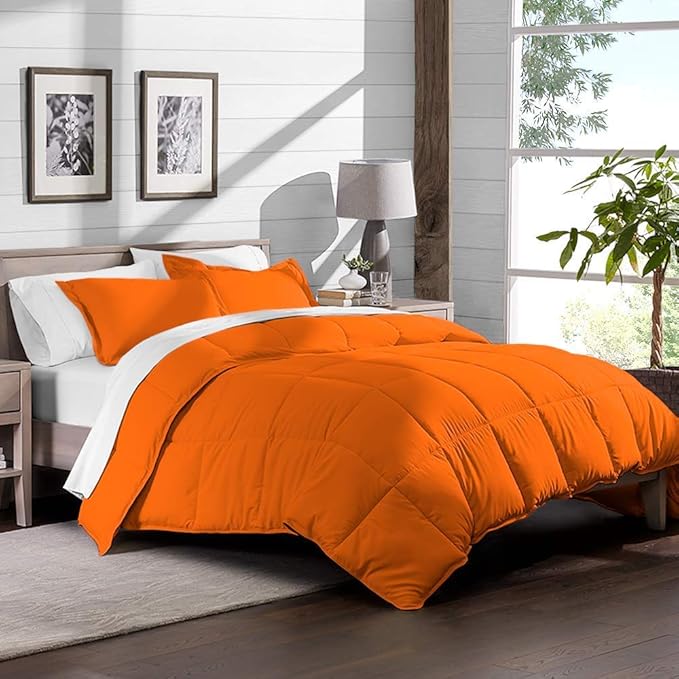 H&H Decor Luxurious & Super Soft 1 Piece Comforter 300 GSM & 4 Pcs Sheet Set 100% Egyptian Cotton 1000 Thread Count Pattern Solid (Queen, Orange,Solid)