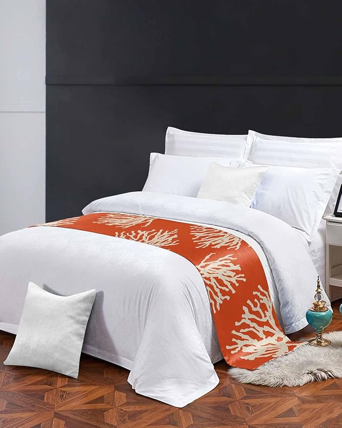 Coral Orange Bed Runner Scarf for Cal King Size Bed Foot,Decorative Bedding Accessory Stainproof & Dustproof Soft Protector For Bedroom Wedding Room Coastal White Ocean Marine Nautical Beach 102"x20"
