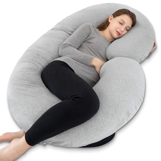 INSEN Pregnancy Pillow for Sleeping, Maternity Pillow with Jersey Cotton Cover,C Shaped Body Pillow for Pregnant Women(Grey Jersey)