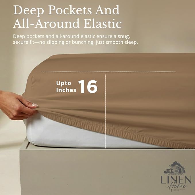 Linen Home 100% Cotton Percale Sheets King Size, Earthy Brown, Deep Pocket, 4 Pieces Set - 1 Flat, 1 Deep Pocket Fitted Sheet and 2 Pillowcases, Crisp Cool and Strong Bed Linen
