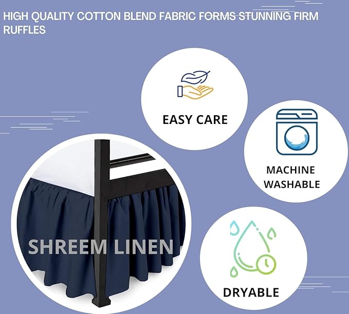 Shreem Linen Ruffled Bed Skirt with Split Corners, Gathered Style, 100% Microfiber, 10-Inch Drop, Dust Ruffle Bedskirt with Platform, Queen-XL, Navy Blue