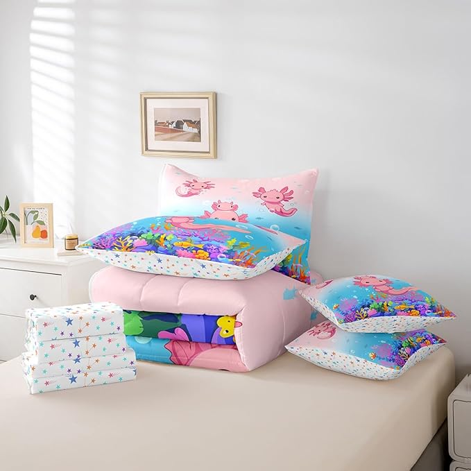 Feelyou Boys Girls Cute Axolotl Bed in A Bag Queen Size, Ocean Sealife Comforter Set with Sheets Kids Cartoon Salamander 7 Pieces Bedding Sets Kawaii Teens Bed Set