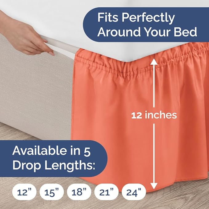 Wrap Around Dust Ruffle Bed Skirt - Coral - for King Size Beds with 12 Inch Drop - Easy Fit Elastic Strap - Adjustable Pleated Bedskirt w/Brushed Fabric - Wrinkle Free - for Women, Men, Kids & Teens