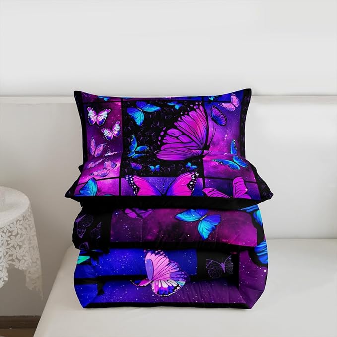 Erosebridal Butterfly Comforter Set Starry Sky Galaxy Comforter Blue Purple Butterfly Bedding Sets Full for Kids Girls Teens Women Bed,Aesthetics Butterflies Quilt Duvet Set 2 Pillow Cases Room Decor