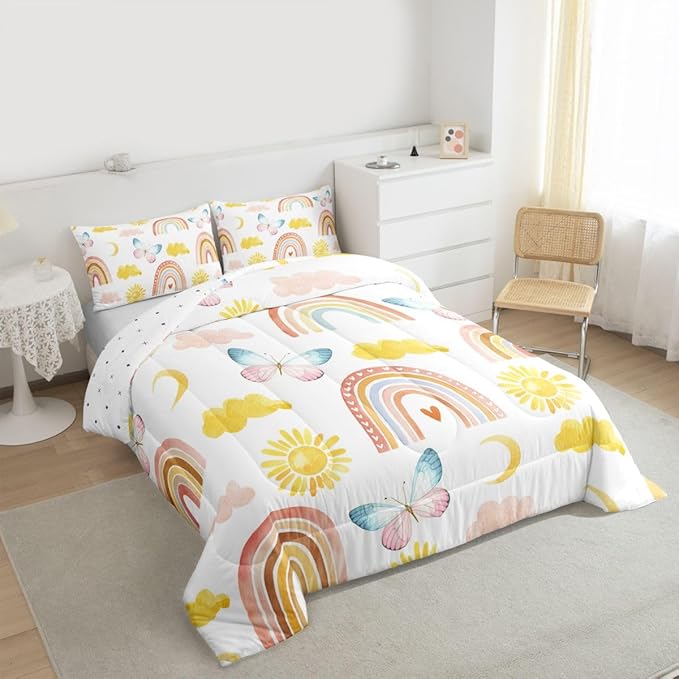 Rainbow Comforter Set Full Size, Girls Butterfly Bedding Sets, Cartoon Rainbow Quilt Sets, Colorful Sun Clouds Comforters, Iridescent Print Down Comforter, Geometric Stripes Soft Lightweight Bedding