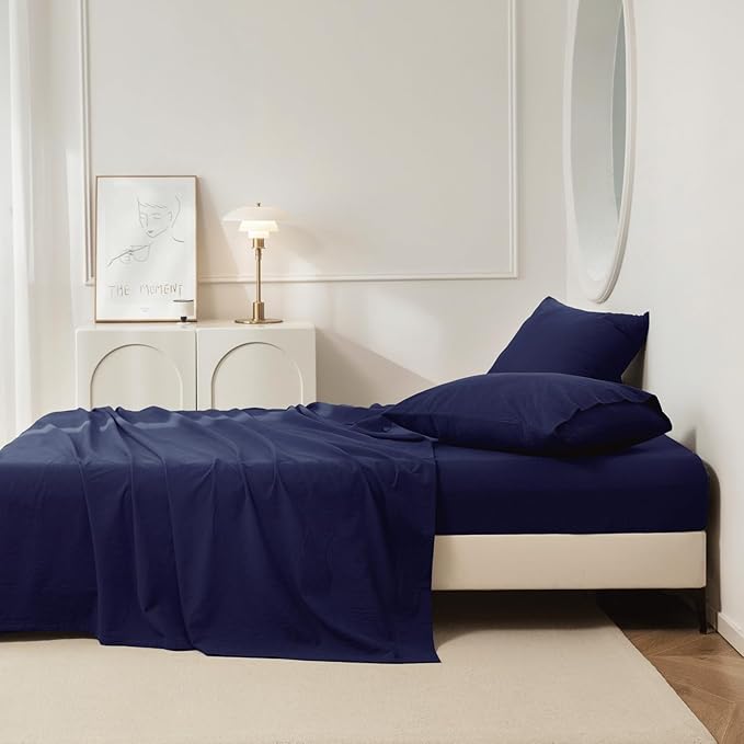 JIYUAN 100% Washed Cotton Sheet Set 4 Pieces Queen,1 Fitted Sheet,1 Flat Sheet and 2 Pillowcases,Comfy and Breathable Linen Like Bedding Set,Navy Blue