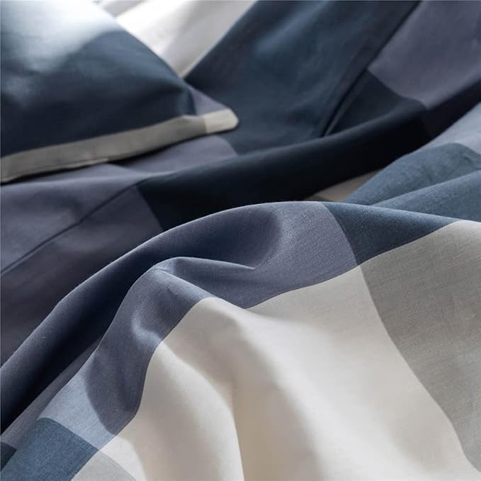 Queen Comforter Set Modern Style Checkered Pattern Comforter Boho Farmhouse Blue White Grey Geometric Plaid Comforter with 2 Pillowcases Soft Fluffy 3 Pieces Lightweight Bedding Set for All Season