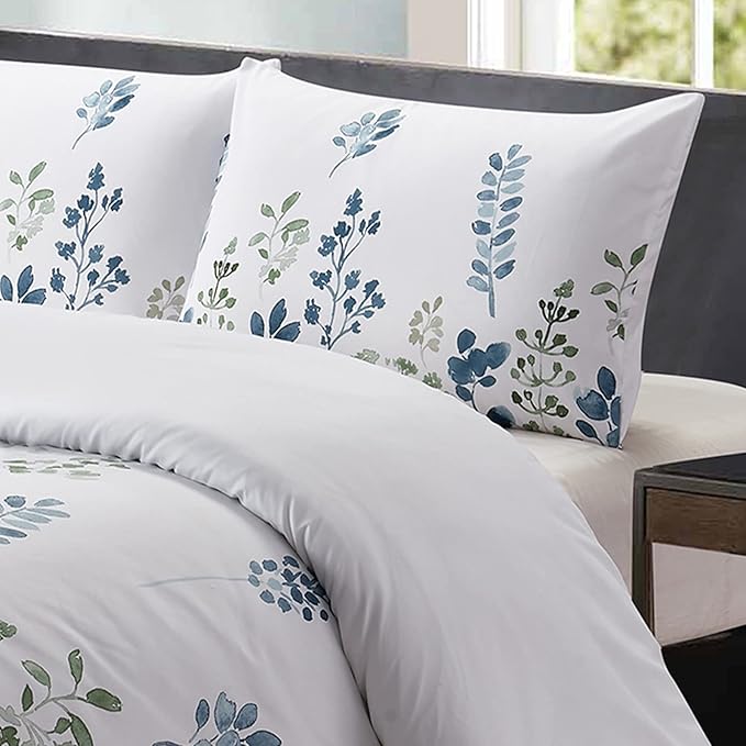 Style Quarters Duvet Cover 100% Polyester Floral Blue 3 Pieces White Duvet Cover with 1 Duvet Cover and 2 Pillow Shams(Queen)