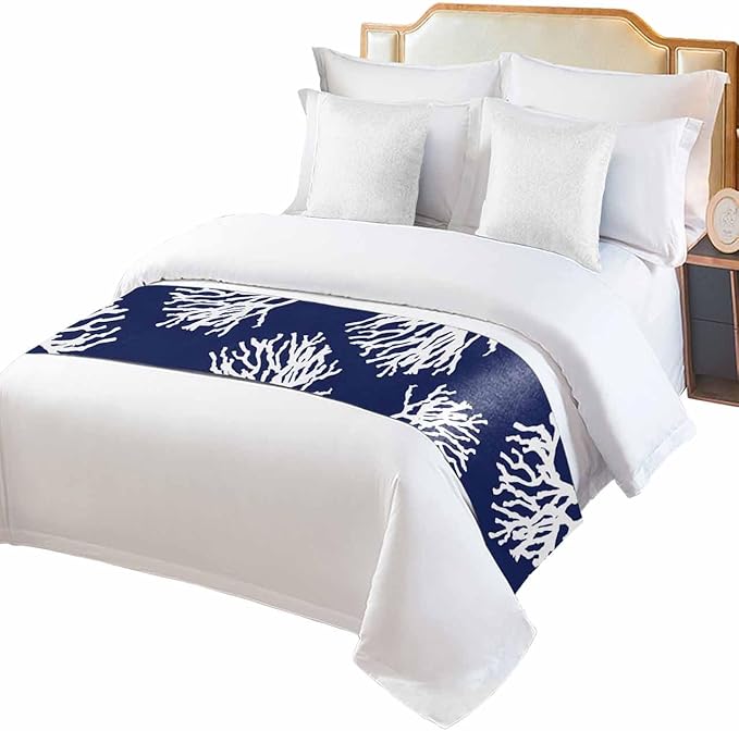 Coral Navy Blue Bed Runner Scarf for Cal King Size Bed Foot,Decorative Bedding Accessory Stainproof & Dustproof Soft Protector For Bedroom Wedding Room Coastal Ocean Marine Nautical Beach 102"x20"
