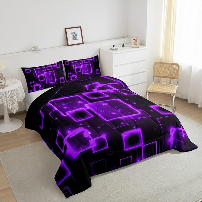 Feelyou Kids Geometric Purple Black Bedding Set Queen Size, Geometrics Comforter Set Light Honeycomb Comforter for Kids Boys Girls Abstract Duvet Insert Room Decor 3Pcs