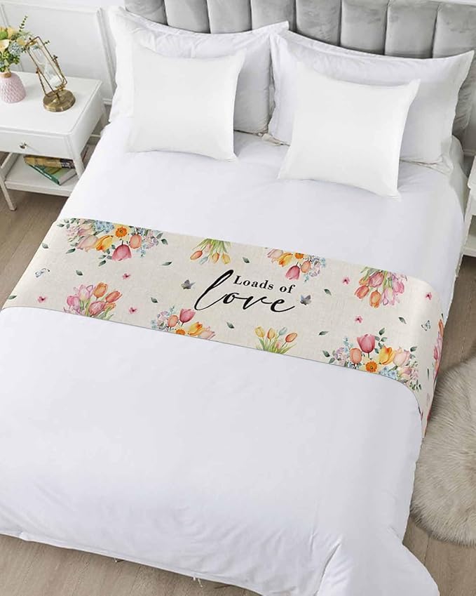 Spring Flower Tulips Red Farm Truck Bed Runners for Bedroom Hotel,Decorative Bedding Scarf Love Colorful Floral Bed End Blanket Bedding Runner Scarves for California King Size Beds,102x20in