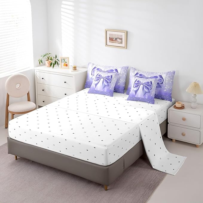 Feelyou Kids Cute Bowknot 7 Pieces Bedding Set Full Size, Dreamy Princess Bed in A Bag Boys Girls Glitter Comforter Set with Sheets Watercolor Bow Teens Bed Set Bedroom Decor 7Pcs