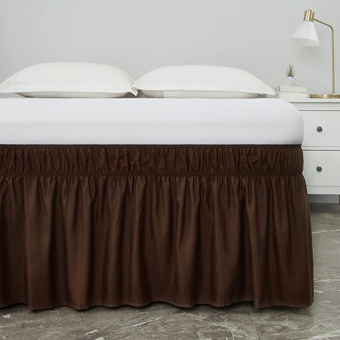 MEILA Wrap Around Bed Skirt Three Fabric Sides Elastic Dust Ruffled 14 Inch Tailored Drop,Easy to Install Fade Resistant-Brown, Queen/King
