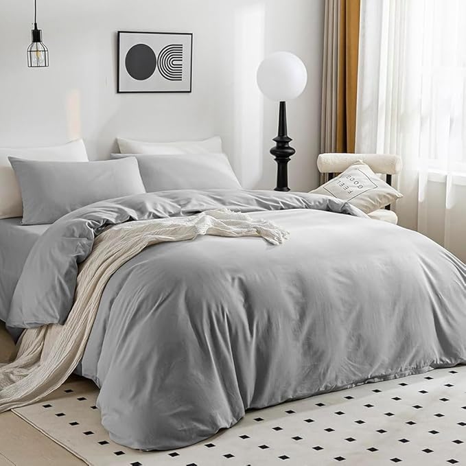 JELLYMONI Cotton Duvet Cover Twin Size - 100% Washed Cotton Linen Like Textured Comforter Cover, 2 Pieces Breathable Soft Bedding Set with Zipper Closure (Light Gray, Twin 68"x90")
