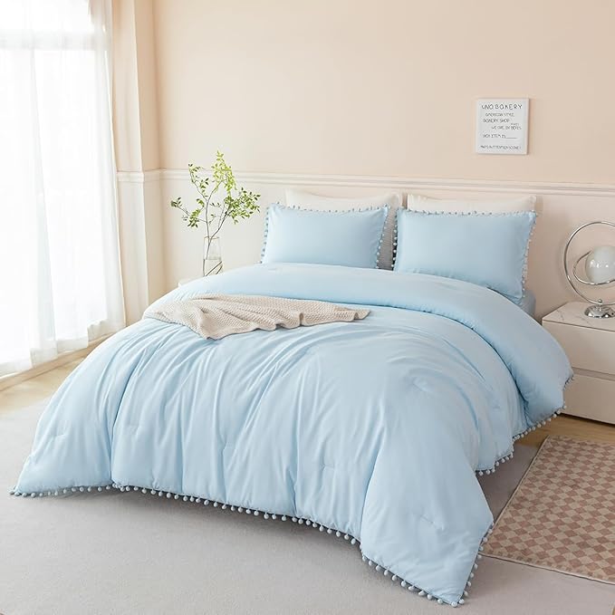 PERFEMET 5 Pieces Light Blue Queen Bed in A Bag Pom Pom Boho Bedding Set for Girls Soft Fluffy Solid Bedding Comforter Set with Sheets(Light Blue, Queen)