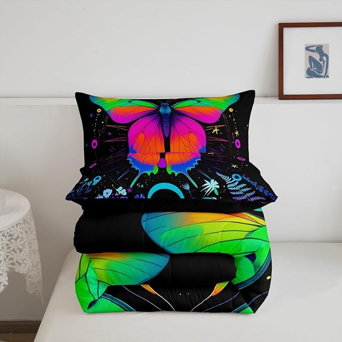 Erosebridal Moth Comforter Set King Hippie Psychedelic Sun and Moon Bedding Set,Purple Blue Ombre Galaxy Floral Botanical Comforter for Girls Teens Women Stars Planet Quilt Duvet 2 Pillowcases