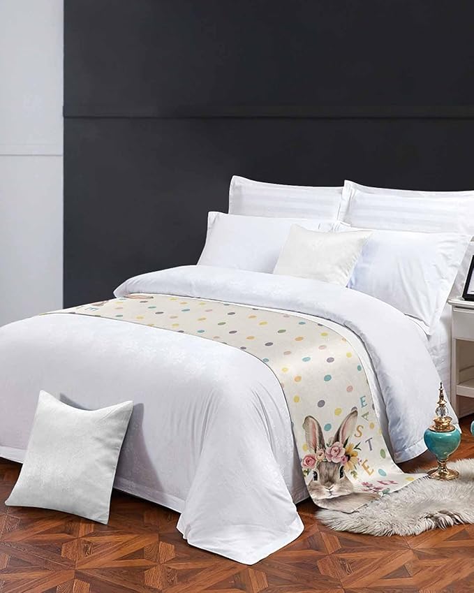 Spring Easter Farm Rabbit Flower Bed Runners for Bedroom Hotel,Decorative Bedding Scarf Colorful Quote Dot on Linen Bed End Blanket Bedding Runner Scarves for Full Size Bed,83x20in