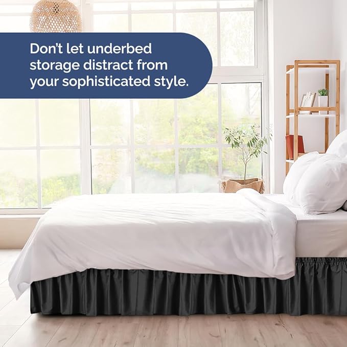 Wrap Around Dust Ruffle Bed Skirt - Black - for Full Size Beds with 21 Inch Drop - Easy Fit Elastic Strap - Adjustable Pleated Bedskirt w/Brushed Fabric - Wrinkle Free - for Women, Men, Kids & Teens