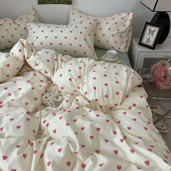 Nayoroom Heart Duvet Cover Full Size Kawaii Pink Heart Printed on Cream White Bedding Set 3Pcs Kids Girls Cute Heart-Shaped Pattern Comforter Cover with Zipper Closure Soft Breathable Microfiber
