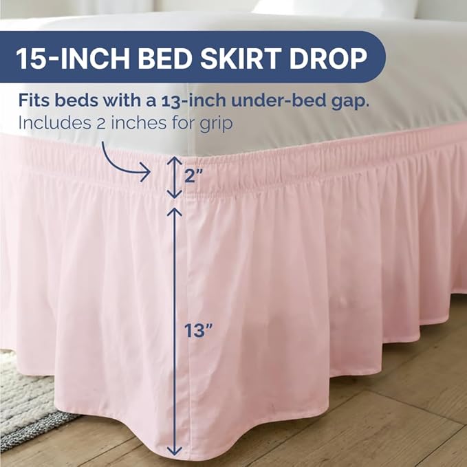 Wrap Around Dust Ruffle Bed Skirt - Lavender Pink - for King Size Beds w/ 15 Inch Drop - Easy Fit Elastic Strap - Adjustable Pleated Bedskirt w/Brushed Fabric - Wrinkle Free, Women, Men, Kids & Teens